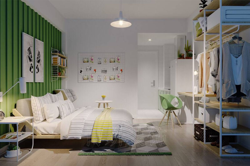 北欧风格公寓卧室装修效果图特别采用白色从视觉上拉大空间，卧室空间呈现出的舒适质感，旁边卧可以小憩会友都可